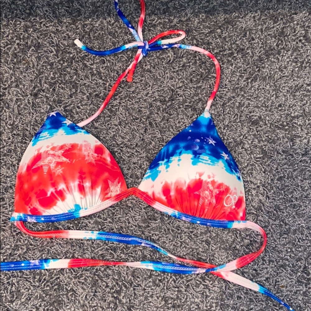 Red, white, and blue swimsuit.